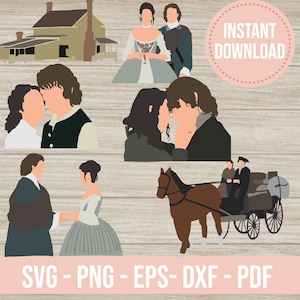 Puede incluir: Un gráfico de descarga digital con ilustraciones de figuras y escenas históricas. La imagen incluye parejas, un carruaje tirado por caballos y un edificio. El texto incluye "Descarga instantánea" y opciones de tipo de archivo: SVG, PNG, EPS, DXF y PDF.