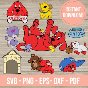 Puede incluir: Ilustraciones de perros de dibujos animados, incluyendo un perro rojo grande, un perro amarillo con un hueso y un perro blanco con un paquete. La imagen incluye el texto "INSTANT DOWNLOAD" y "CLIFFORD".