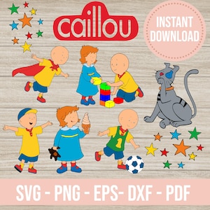 Puede incluir: Un conjunto de clipart digital con los personajes de la caricatura infantil Caillou. El conjunto incluye a Caillou, su hermana Rosie, sus padres, su gato Gilbert y varias estrellas. Los personajes están todos en colores brillantes y en varias poses. El texto "INSTANT DOWNLOAD" está en un círculo rosa en la parte superior derecha de la imagen. El texto "SVG - PNG - EPS - DXF - PDF" está en la parte inferior de la imagen.
