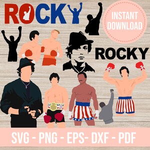 Puede incluir: Una descarga digital de 10 archivos SVG, PNG, EPS, DXF y PDF con varias ilustraciones de Rocky Balboa, incluyendo su silueta icónica, un primer plano de su rostro y diferentes poses de él como boxeador. El texto "ROCKY" aparece en la imagen en blanco y negro.