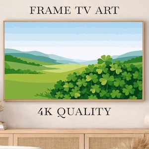 Puede incluir: Una obra de arte digital enmarcada para una pantalla de TV. La imagen muestra un paisaje verde con colinas, cielo azul y tréboles. Se muestra el texto "FRAME TV ART" y "4K QUALITY".