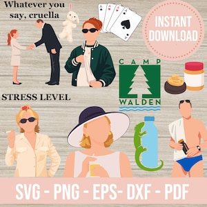 Può includere: Un design grafico digitale con illustrazioni di carte da gioco, un coniglietto e persone. Il testo include "Whatever you say, cruella", "STRESS LEVEL", "CAMP WALDEN" e "INSTANT DOWNLOAD". Il testo in basso recita "SVG - PNG - EPS - DXF - PDF".