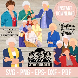 Puede incluir: Un gráfico de descarga digital con ilustraciones de mujeres con varios atuendos, con el texto "YOU LOOK LIKE A PROSTITUTE", "INSTANT DOWNLOAD", "Thank you for being a friend" y "STAY GOLDEN". El gráfico también incluye información sobre el tipo de archivo.