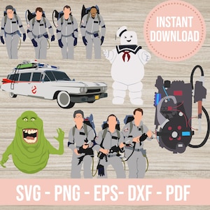 Puede incluir: Un conjunto de archivos de corte digital con personajes y objetos de la franquicia de películas Ghostbusters. El conjunto incluye el logotipo de Ghostbusters, el coche de Ghostbusters, el Stay Puft Marshmallow Man, Slimer y los paquetes de protones de Ghostbusters. Los archivos están disponibles en los formatos SVG, PNG, EPS, DXF y PDF.