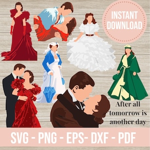 Puede incluir: Ilustraciones digitales de personajes con vestuario de época, incluyendo parejas abrazándose y mujeres con vestidos. La imagen incluye el texto "INSTANT DOWNLOAD" y "After all tomorrow is another day". Formatos: SVG, PNG, EPS, DXF y PDF.