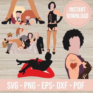 Puede incluir: Ilustración digital con varias figuras en diferentes poses, incluyendo una persona con un atuendo negro y otra con un tatuaje "Boss". La imagen incluye el texto "SVG - PNG - EPS - DXF - PDF" y un círculo rosa con "Instant Download".