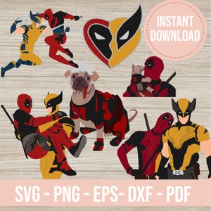 May include: A digital illustration set featuring Deadpool and Wolverine characters in various poses, including a pug wearing a Deadpool costume, a heart-shaped emblem with their masks, and text reading INSTANT DOWNLOAD and SVG - PNG - EPS - DXF - PDF.
