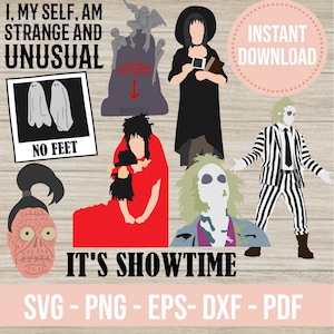 Puede incluir: Una impresión de arte digital con personajes y citas de la película Beetlejuice. El diseño incluye las frases "I, My Self, Am Strange and Unusual" y "It's Showtime". Formatos: SVG, PNG, EPS, DXF y PDF.