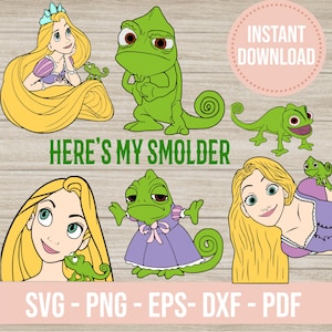May include: Digital download with cartoon illustrations of a princess with long blonde hair and a green chameleon. The phrase "HERE'S MY SMOLDER" is in green text. The image also includes the text "SVG - PNG - EPS - DXF - PDF".