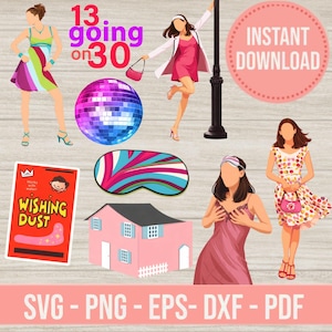 Puede incluir: Conjunto gráfico digital con ilustraciones de mujeres, una bola de discoteca, una casa rosa y una máscara para dormir. El texto incluye "13 going on 30" y "Wishing Dust". El conjunto también incluye el texto "Instant Download".