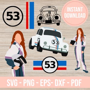 May include: A digital download of a set of 10 SVG, PNG, EPS, DXF, and PDF files featuring a white Volkswagen Beetle with red and blue racing stripes and the number 53. The set also includes a female character wearing a racing suit and a helmet, and a circle with the number 53.