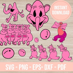 May include: Pink digital cut files of a cartoon elephant with a long trunk, a group of elephants playing instruments, and a single elephant wearing a turban. The text "INSTANT DOWNLOAD" is in a pink circle at the top of the image. The text "SVG - PNG - EPS - DXF - PDF" is at the bottom of the image.