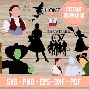 May include: A digital download graphic featuring illustrations from The Wizard of Oz. Includes images of Dorothy, the Wicked Witch, the Tin Man, and the Scarecrow, along with text that reads "Instant Download".