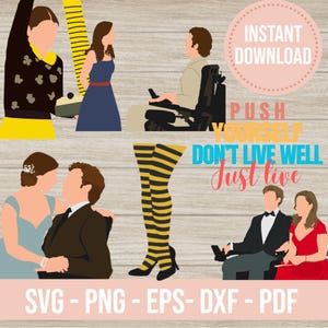 Puede incluir: Descarga digital gráfica con ilustraciones de personas en varias poses, incluyendo una persona en silla de ruedas, una pareja abrazándose y una persona con medias altas a rayas. El texto incluye "Descarga instantánea", "Esfuérzate, no vivas bien, simplemente vive" y opciones de tipo de archivo.