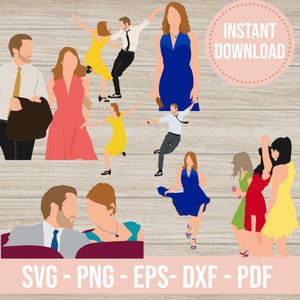 May include: Digital download graphic featuring stylized illustrations of people dancing and socializing. The image includes figures in various poses, wearing dresses and suits in shades of red, yellow, and blue. Text includes "Instant Download" and "SVG - PNG - EPS - DXF - PDF."