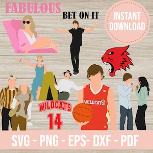 Könnte beinhalten: Digitaler Download mit Illustrationen von Charakteren und Texten aus einem Musical. Enthält einen Basketballspieler in einem roten Trikot, ein rotes Wildkatzen-Logo und die Wörter "FABULOUS" und "BET ON IT". Enthält auch den Text "INSTANT DOWNLOAD".