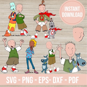 Puede incluir: Descarga digital con personajes de dibujos animados en varias poses. Los personajes están representados con varios atuendos, incluyendo chalecos verdes, zapatos rojos y blancos y camisas azules. La imagen incluye el texto "SVG - PNG - EPS - DXF - PDF" y "DESCARGA INSTANTÁNEA".