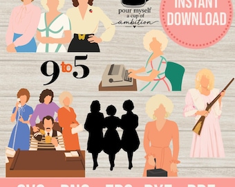 May include: A digital download graphic featuring illustrations of women in various work-related scenarios. The image includes the text "9 to 5", "pour myself a cup of ambition", and "Instant Download". The file formats are SVG, PNG, EPS, DXF, and PDF.