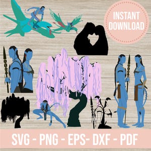 May include: Digital art featuring characters and creatures from the movie Avatar. Includes silhouettes of couples, Na'vi figures with spears, and a pink weeping willow tree. Text at the bottom reads "SVG - PNG - EPS - DXF - PDF".