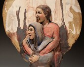 Ceramic figure sculpture couple, wall hanging lovers hug deep relief art, embrace