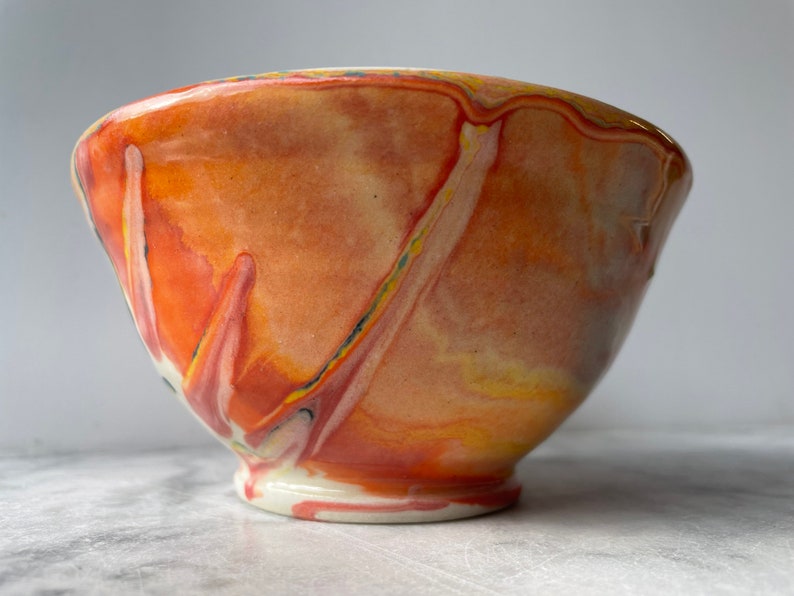 Small bowl marbled drippy colored slip pour painting pottery fluid art ceramics porcelain vessel image 7