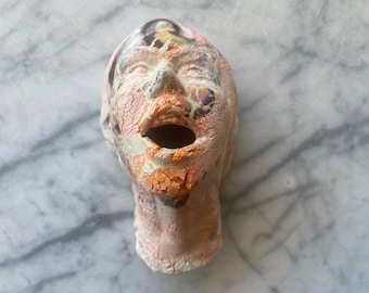 Ceramic Wall Art Mask of a Woman, Sculpture Face Portrait Head Colored Porcelain Clay on Stoneware Incense Burner