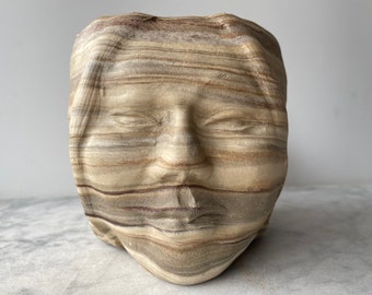 Face Pot Planter Head of a Woman, Marbled Stoneware Vessel Vase Portrait Sculpture Bust Garden Art