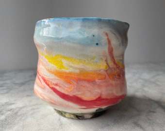 Sunset cup drippy marbled colored slip pottery fluid art ceramics porcelain vessel yunomi teacup mug tumbler