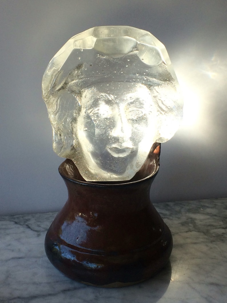Cast glass face sculpture prism faceted suncatcher bust with ceramic pottery base portrait head