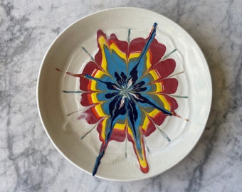 Seconds plate rainbow feathered slip painting art pottery fluid art mandala glazed colored porcelain on stoneware