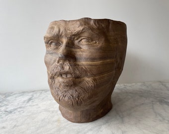 Face Vase Sculpture Pottery Planter, Head of a Man, Marbled Agateware Ikebana Vessel, Flower Arrangement Pot Self Portrait