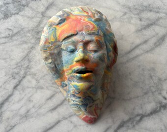Ceramic head sculpture wall hanging portrait of a woman, marbled fluid porcelain painting on stoneware centerpiece