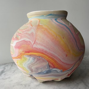 Marbled vase, large moon jar pottery vessel colored clay fluid art pour painting ceramics centerpiece pot image 2