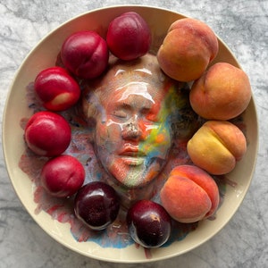 Face sculpture wall hanging platter portrait relief fruit bowl figure art pottery plate head of a woman halo marbled porcelain rainbow drips image 1