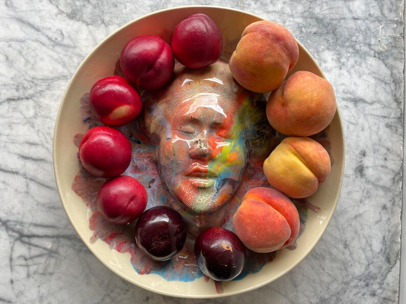 Face sculpture wall hanging platter portrait relief fruit bowl figure art pottery plate head of a woman halo marbled porcelain rainbow drips image 1