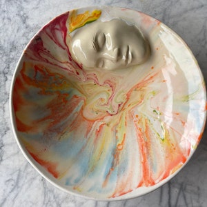 Marbled Face Bowl Ceramic Art Centerpiece Serving Sculpture Bas Relief Vessel, Wall Hanging Roundel Pour Painting image 7