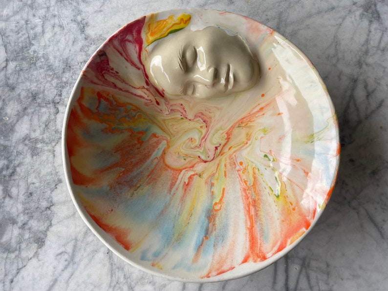 Marbled Face Bowl Ceramic Art Centerpiece Serving Sculpture Bas Relief Vessel, Wall Hanging Roundel Pour Painting image 7