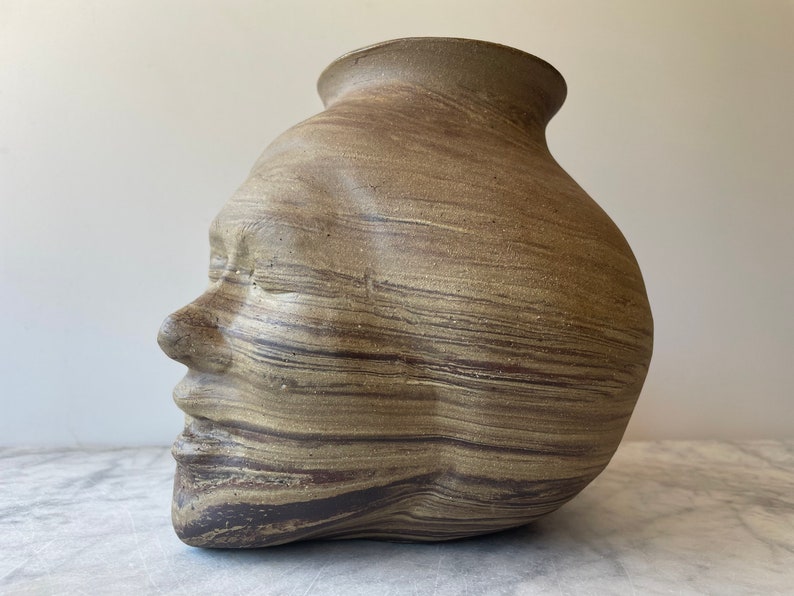 Large Face Vase Sculpture Head Ikebana Vessel Meditation with Drips, Marbled Agateware Wax Resist Dancer image 8