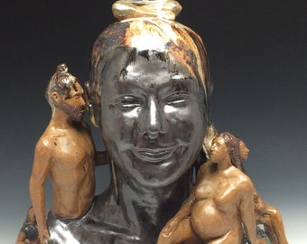 Ceramic figure sculpture group life portrait bust, figurines festival, pregnant woman and friends gathering