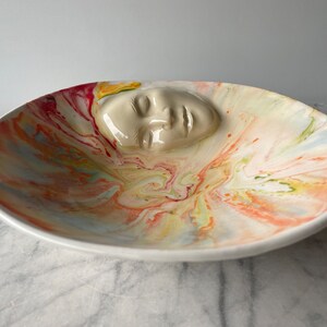 Marbled Face Bowl Ceramic Art Centerpiece Serving Sculpture Bas Relief Vessel, Wall Hanging Roundel Pour Painting image 4