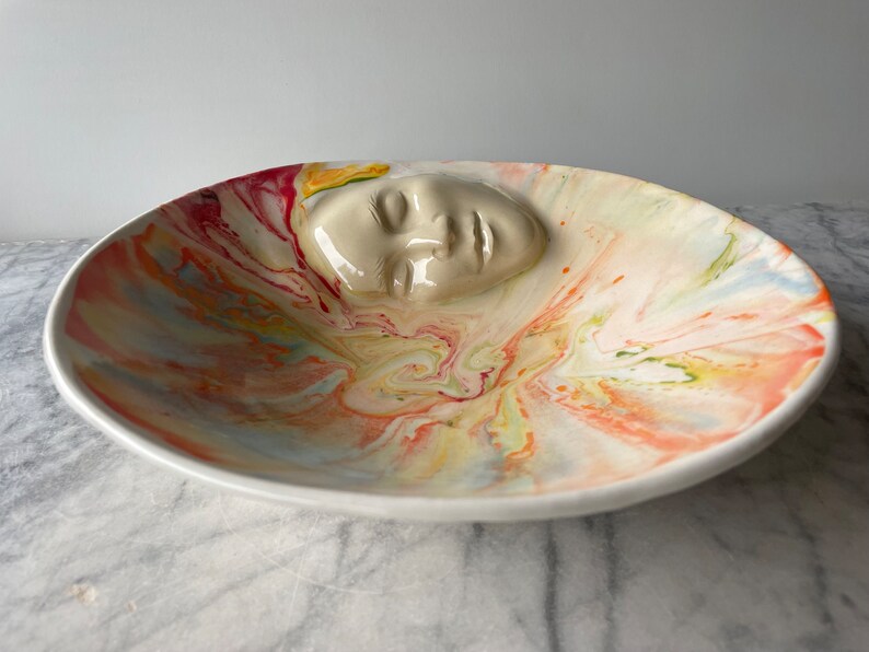 Marbled Face Bowl Ceramic Art Centerpiece Serving Sculpture Bas Relief Vessel, Wall Hanging Roundel Pour Painting image 4