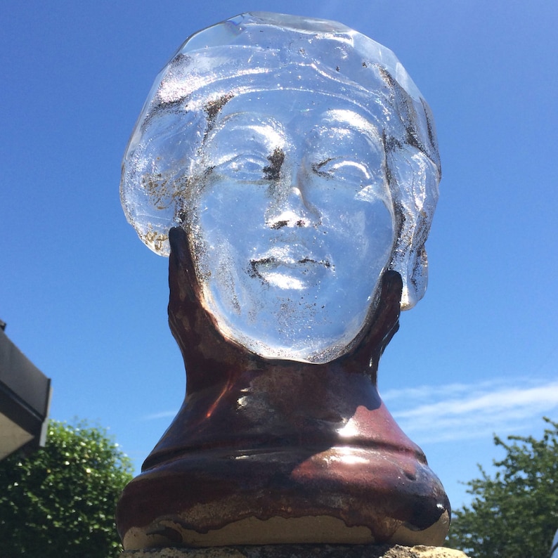 Cast glass face sculpture prism faceted suncatcher bust with ceramic pottery base portrait head