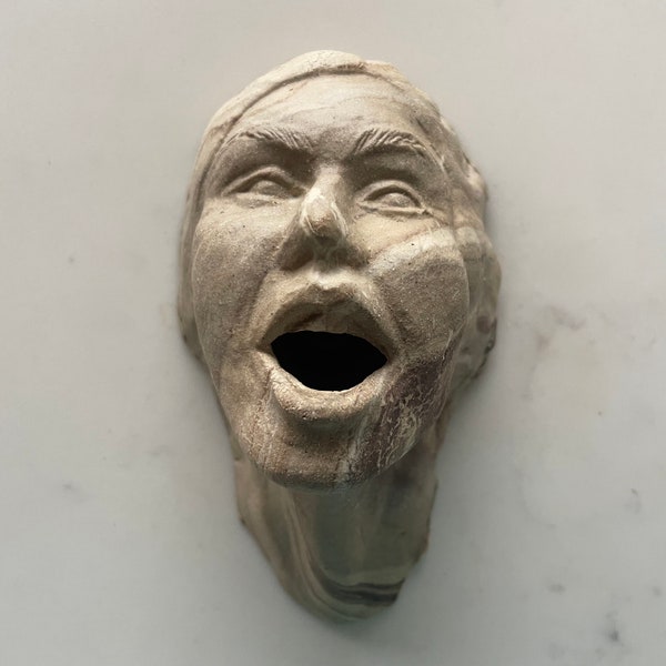 Ceramic Wall Art Mask of a Woman, Sculpture Face Portrait Head Marbled Stoneware Clay on Stoneware Incense Burner