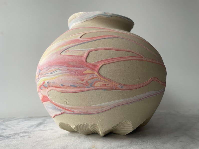 Marbled vase, large moon jar pottery vessel colored clay fluid art pour painting ceramics centerpiece pot image 7