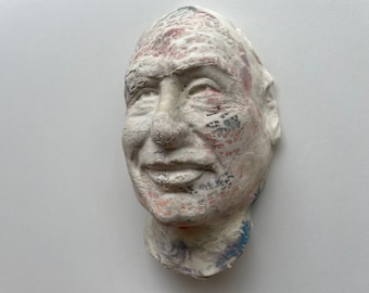 Ceramic Wall Art Mask of Jung, Sculpture Face Portrait Head of a Man, Colored Porcelain Slip on Stoneware