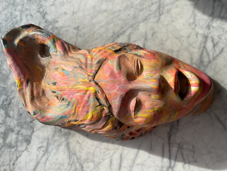 Mouth vase bust wall sculpture colorful marbled porcelain slip painting drips fluid art stoneware statue trophy head ceramic face pottery image 9