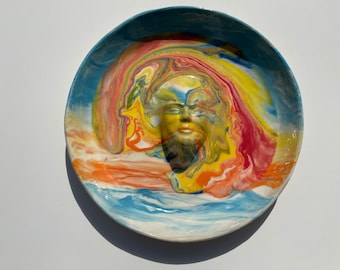 Sky face plate sculpture wall hanging platter portrait relief fruit bowl figure art pottery bird bath head of a woman halo marbled porcelain