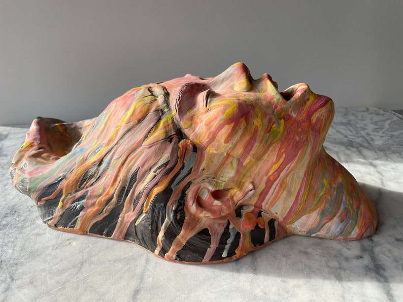 Mouth vase bust wall sculpture colorful marbled porcelain slip painting drips fluid art stoneware statue trophy head ceramic face pottery image 7