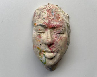 Ceramic Wall Art Mask of a Woman, Sculpture Face Portrait Head Colored Porcelain