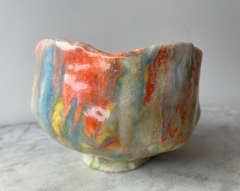 Small bowl marbled drippy colored slip pour painting pottery fluid art ceramics porcelain vessel